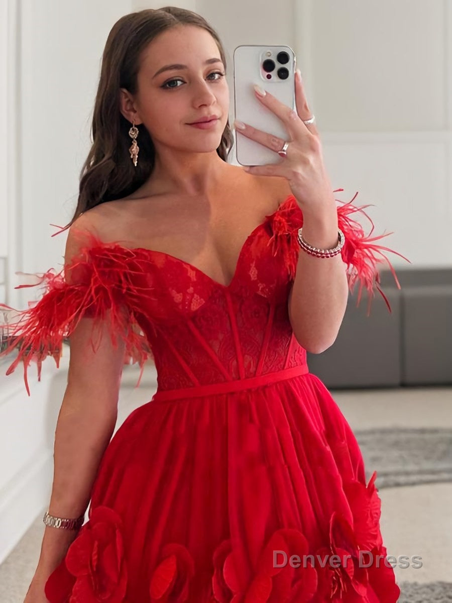 Ball Gowns Off The Shoulder Sweep Train Tulle Prom Dresses With Flower