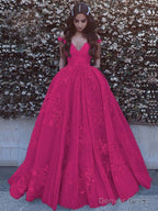 Ball Gown Off-the-Shoulder Sweep Train Tulle Prom Dresses With Pockets