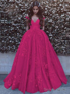 Ball Gowns Off The Shoulder Sweep Train Tulle Prom Dresses With Pockets