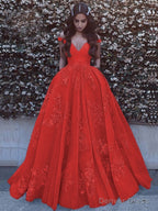Ball Gowns Off The Shoulder Sweep Train Tulle Prom Dresses With Pockets
