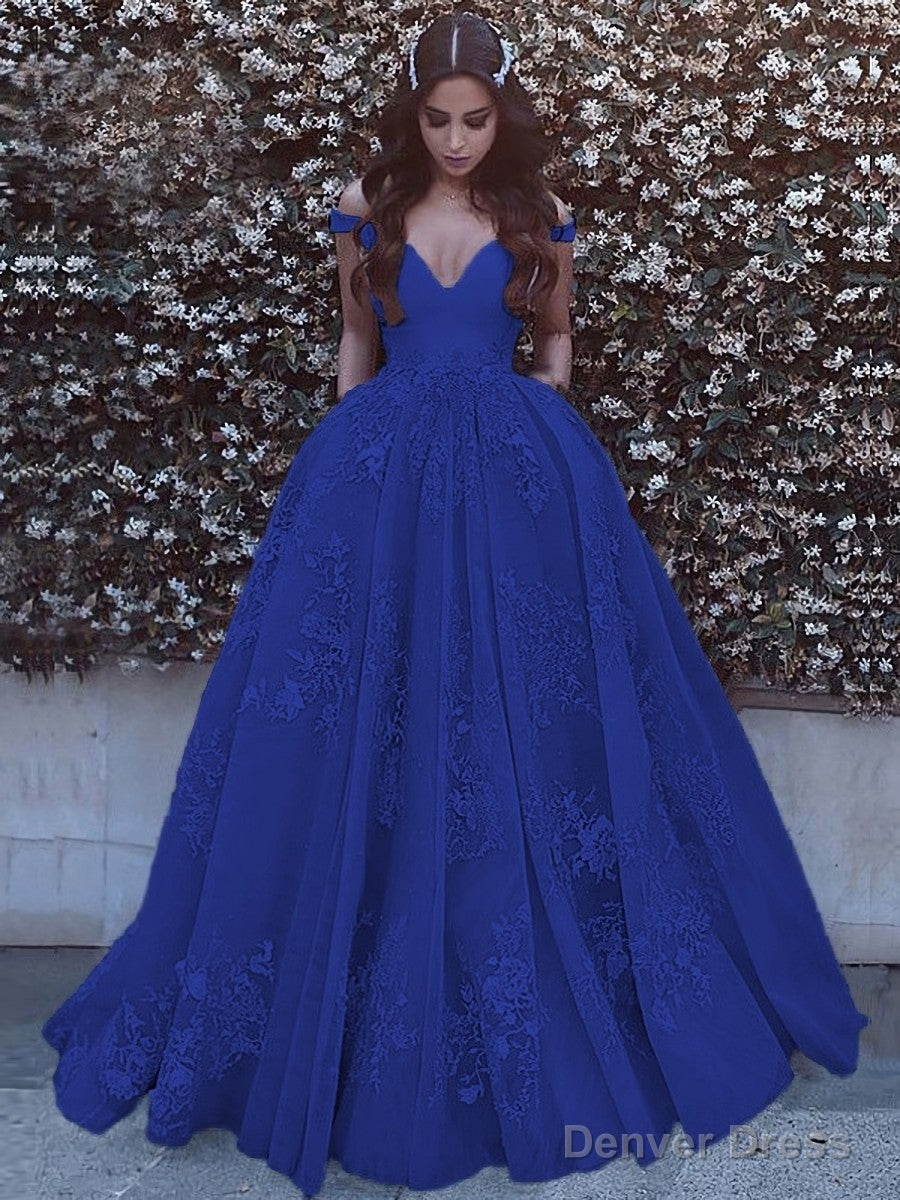Ball Gown Off-the-Shoulder Sweep Train Tulle Prom Dresses With Pockets