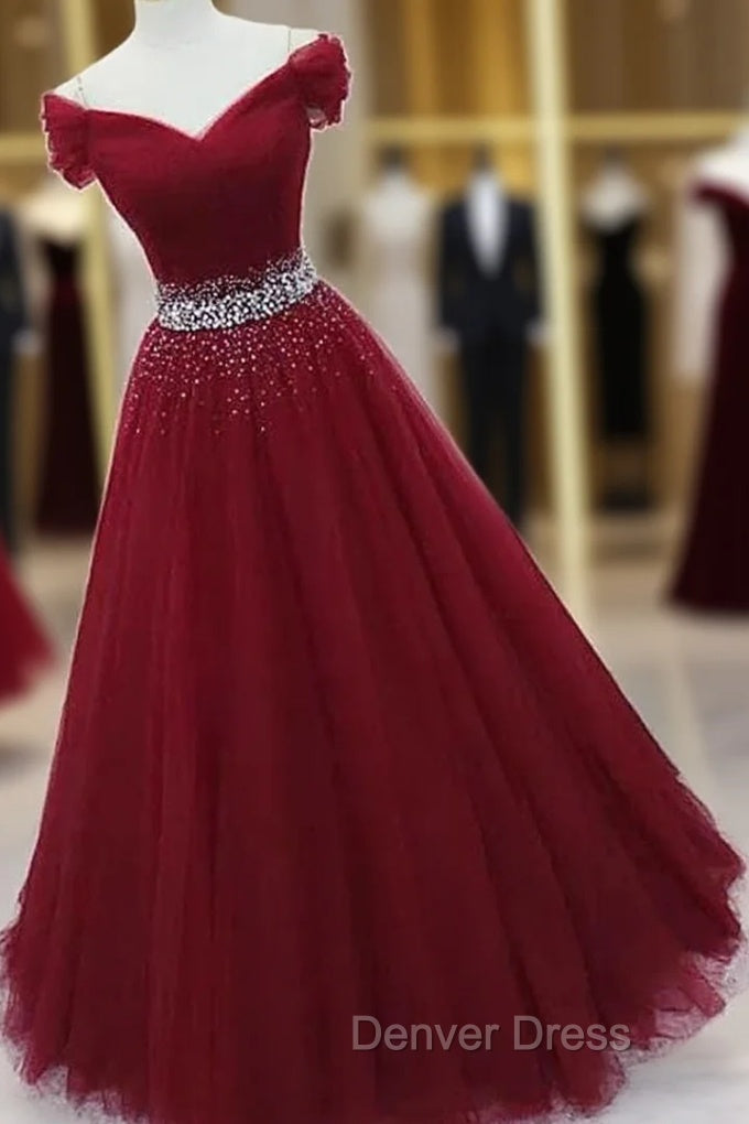 Ball Gown Off-the-Shoulder Tulle Long/Floor-Length Sparkling Prom Dresses With Beading