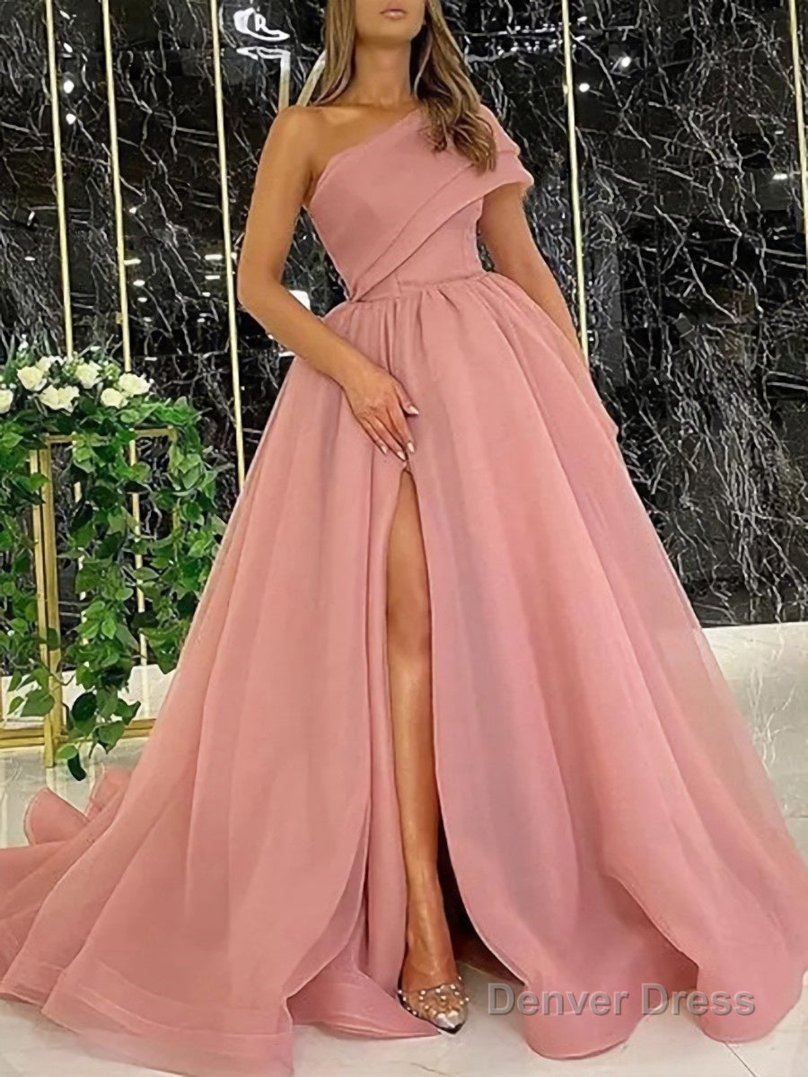 Ball Gowns One Shoulder Sweep Train Organza Prom Dresses With Leg Slit Main image