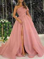 Ball Gowns One Shoulder Sweep Train Organza Prom Dresses With Leg Slit
