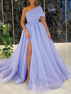 Ball Gowns One Shoulder Sweep Train Organza Prom Dresses With Leg Slit