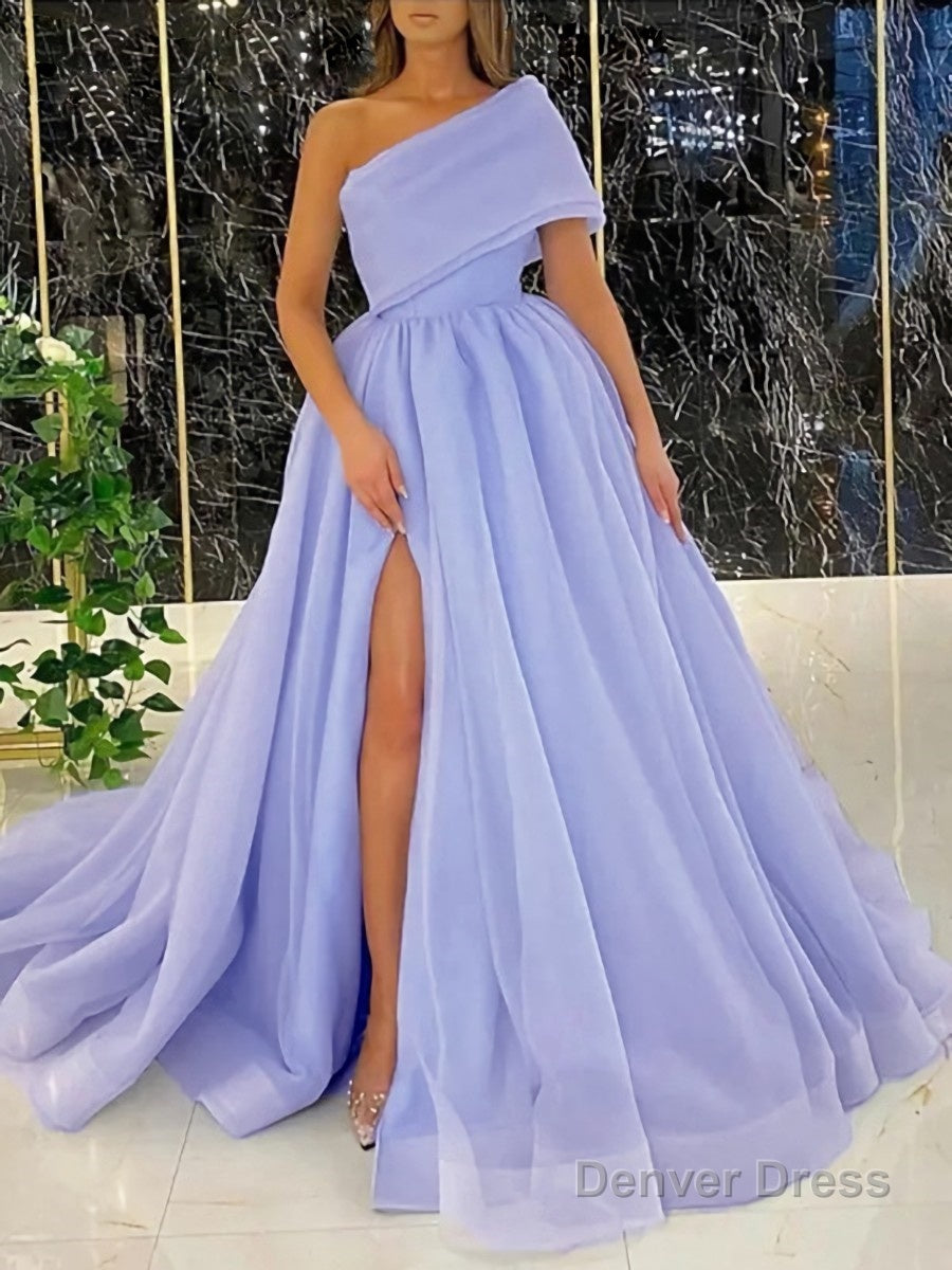 Ball Gowns One Shoulder Sweep Train Organza Prom Dresses With Leg Slit