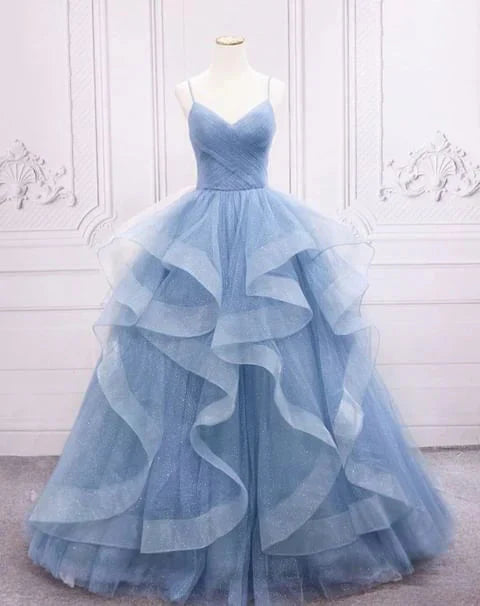Green/Blue Long Shiny Elegant Spaghetti Straps Long Ruffled Organza Ball Gowns Prom Dress Quinceanera Dresses Secondary image