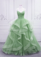 Green/Blue Long Shiny Elegant Spaghetti Straps Long Ruffled Organza Ball Gowns Prom Dress Quinceanera Dresses