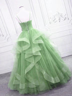 Green/Blue Long Shiny Elegant Spaghetti Straps Long Ruffled Organza Ball Gowns Prom Dress Quinceanera Dresses