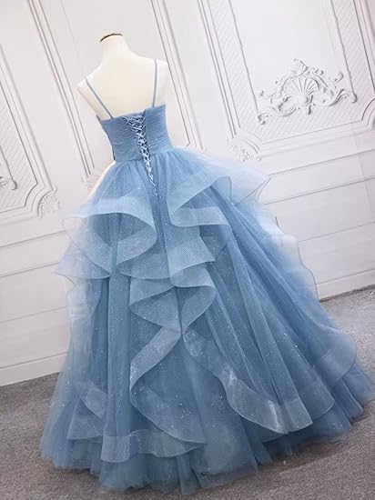 Green/Blue Long Shiny Elegant Spaghetti Straps Long Ruffled Organza Ball Gowns Prom Dress Quinceanera Dresses
