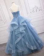 Green/Purple/Blue Fashion Elegant Spaghetti Strap Long Organza Ruffles Ball Gowns Prom Gowns Graduation Gowns Adult Ceremony Gowns