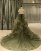 Green/Purple/Blue Fashion Elegant Spaghetti Strap Long Organza Ruffles Ball Gowns Prom Gowns Graduation Gowns Adult Ceremony Gowns