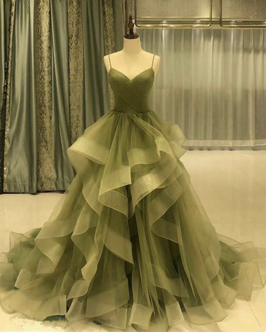 Green/Purple/Blue Fashion Elegant Spaghetti Strap Long Organza Ruffles Ball Gowns Prom Gowns Graduation Gowns Adult Ceremony Gowns Main image