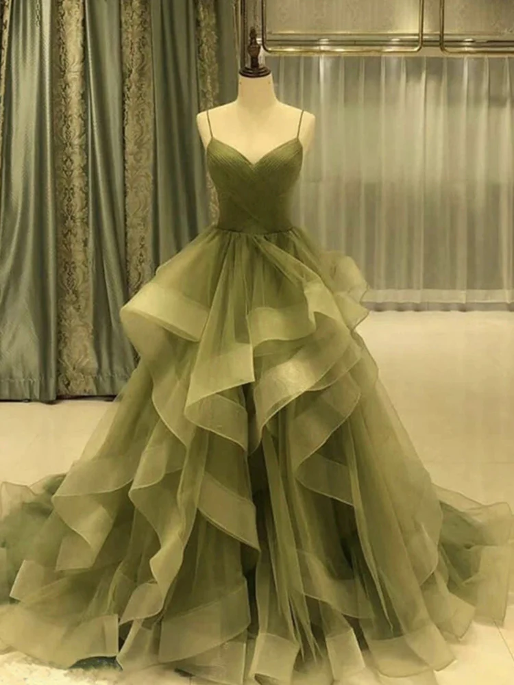 Green/Blue Long Shiny Elegant Spaghetti Straps Long Ruffled Organza Ball Gowns Prom Dress Quinceanera Dresses Main image