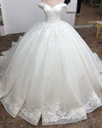 Ball Gowns Organza Wedding Dresses Lace Appliques Off Shoulder