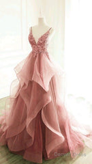 Ball Gown Pink Floor Length Sleeveless Lace Prom Dress