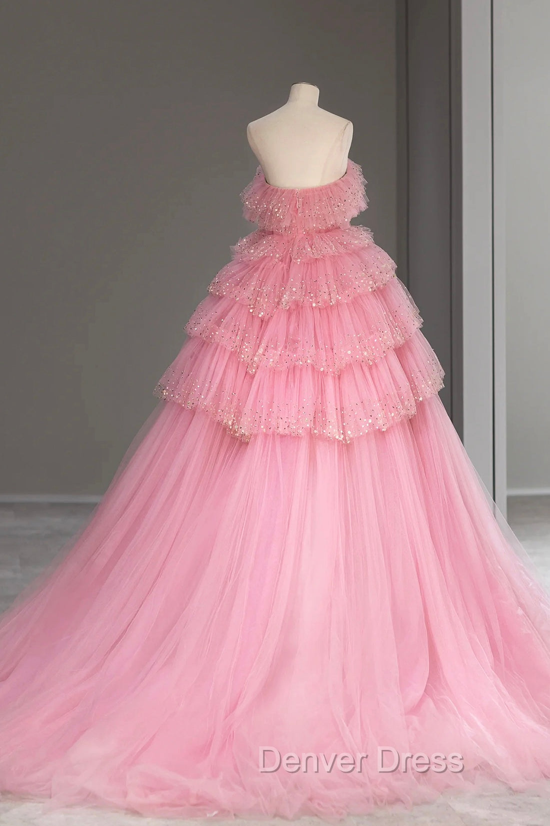 Ball Gown Pink Tulle Sequins Long Prom Evening Dresses, Beautiful Pink Strapless Sweet 16 Dresses Secondary image