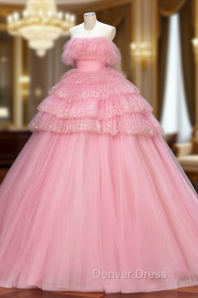 Ball Gown Pink Tulle Sequins Long Prom Evening Dresses, Beautiful Pink Strapless Sweet 16 Dresses