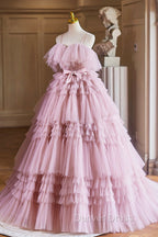 Ball Gowns Pink Tulle Spaghetti Strap Long Prom Dress, Pink Sweet 16 Dresses