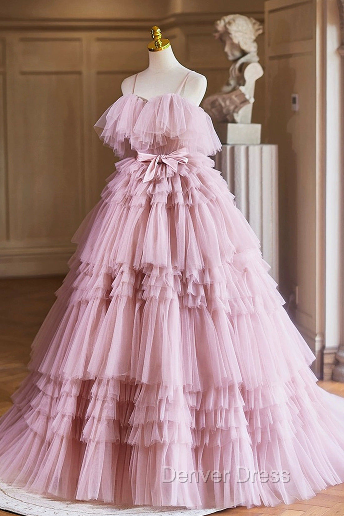 Ball Gowns Pink Tulle Spaghetti Strap Long Prom Dress, Pink Sweet 16 Dresses