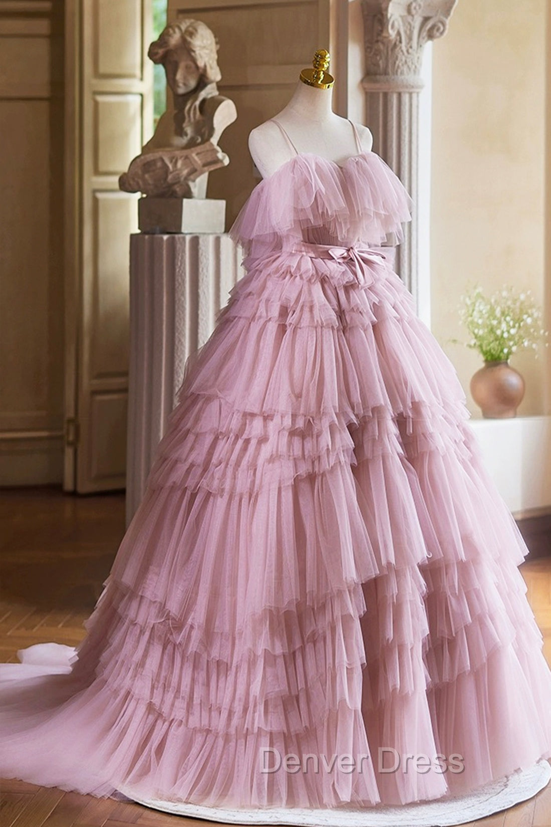 Ball Gowns Pink Tulle Spaghetti Strap Long Prom Dress, Pink Sweet 16 Dresses
