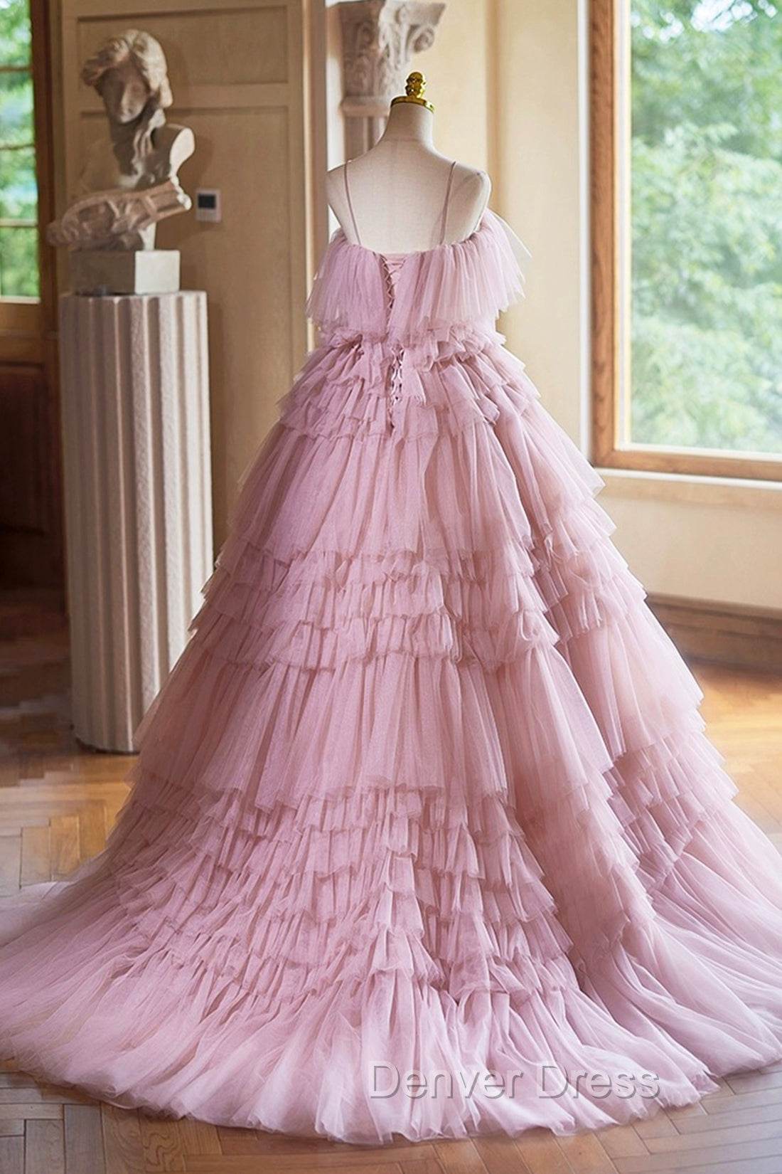 Ball Gown Pink Tulle Spaghetti Strap Long Prom Evening Dresses, Pink Sweet 16 Dresses