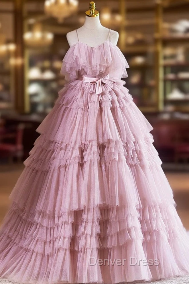 Ball Gown Pink Tulle Spaghetti Strap Long Prom Evening Dresses, Pink Sweet 16 Dresses Main image