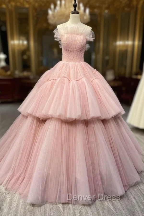 Ball Gown Pink Tulle Strapless Long Prom Evening Dresses, Pink Sweet 16 Dresses Main image