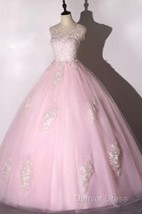Ball Gown Pink V-Neck Prom Dresses Tulle Applique Long Evening Dresses