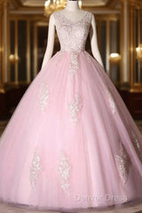 Ball Gown Pink V-Neck Prom Dresses Tulle Applique Long Evening Dresses