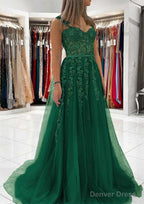Ball Gowns Princess Sweetheart Tulle Sweep Train Prom Dresses With Appliqued Lace