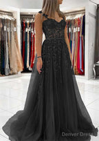 Ball Gown Princess Sweetheart Tulle Sweep Train Prom Dresses With Appliqued Lace