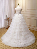 Ball Gowns Princess Tulle White Long Prom Dresses With Beading Flower Cascading Ruffles