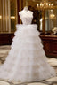 Ball Gowns Princess Tulle White Long Prom Dresses With Beading Flower Cascading Ruffles