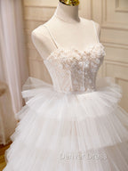 Ball Gowns Princess Tulle White Long Prom Dresses With Beading Flower Cascading Ruffles