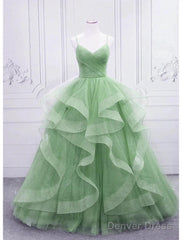 Ball Gown Prom Dresses Glittering Dress Formal Floor Length Sleeveless V Neck Tulle With Glitter Ruffles