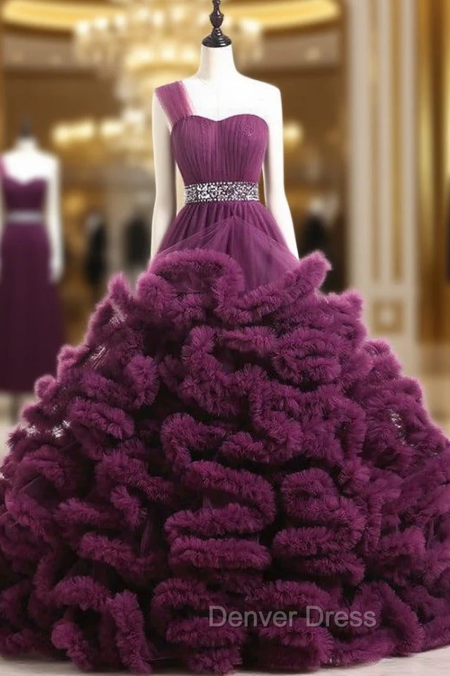 Ball Gown Purple One Shoulder Tulle Ruffle Crystal Wedding Dresses