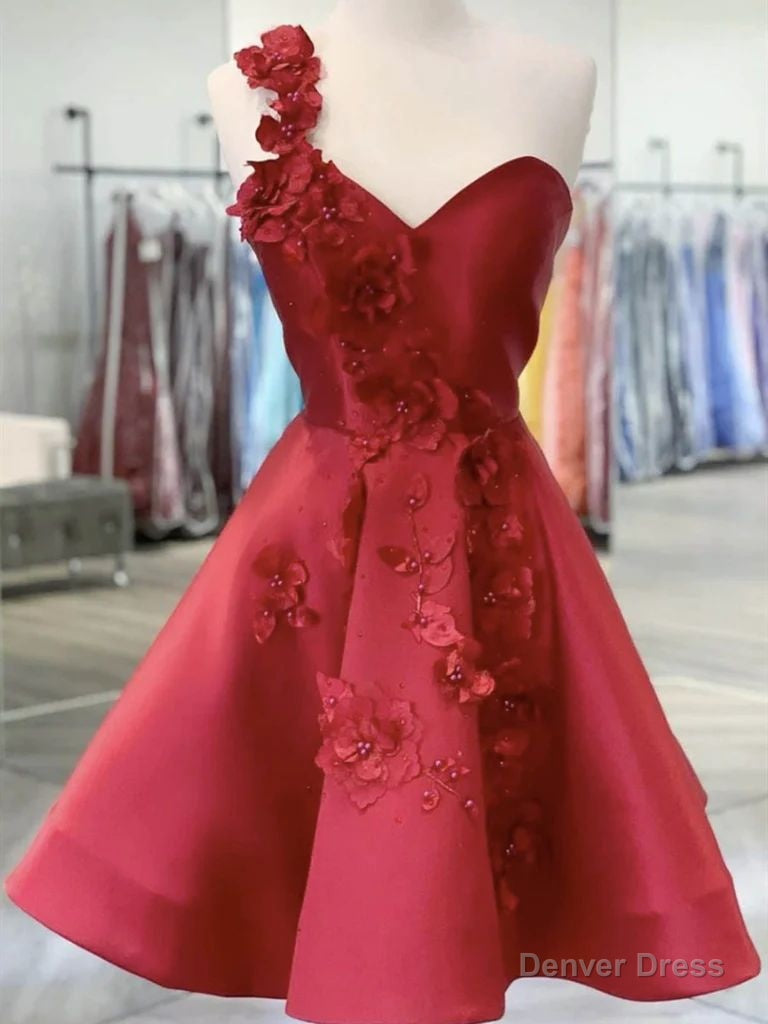 Ball Gowns Red Hand Made Flowers Satin One Shoulder Sleeveless Short Homecoming Dresses