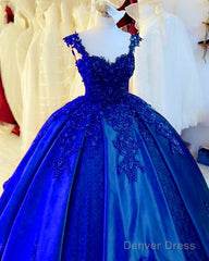 Ball Gown Satin Dresses Sweetheart Spaghetti Straps Lace Embroidery