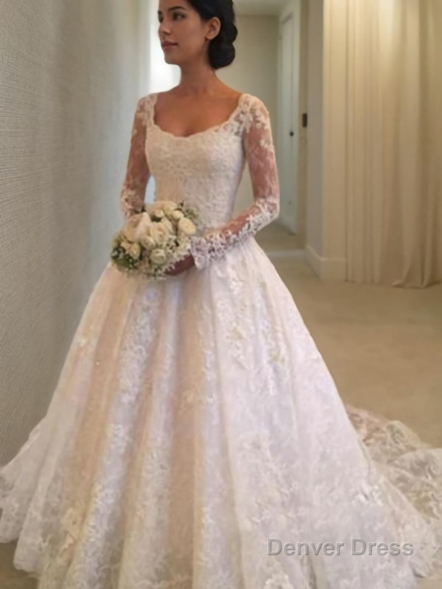 Ball Gown Scoop Cathedral Train Lace Wedding Dresses With Ruffles Main image