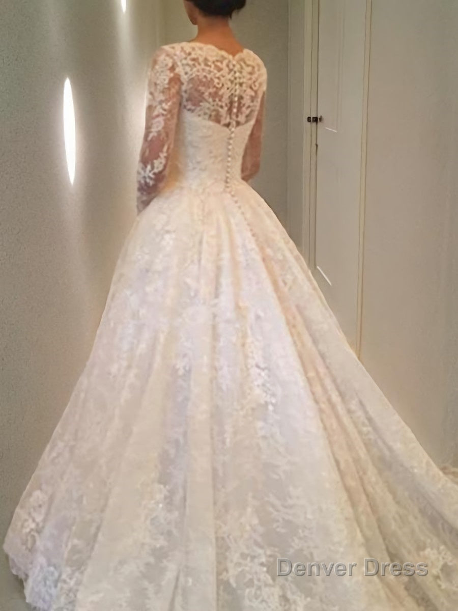 Ball Gowns Scoop Cathedral Train Lace Wedding Dresses With Ruffles