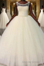 Ball Gowns Scoop Floor Length Tulle Wedding Dresses With Beading