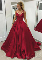 Ball Gowns Sleeveless Scalloped Neck Sweep Train Satin Prom Dresses With Pleated Pockets