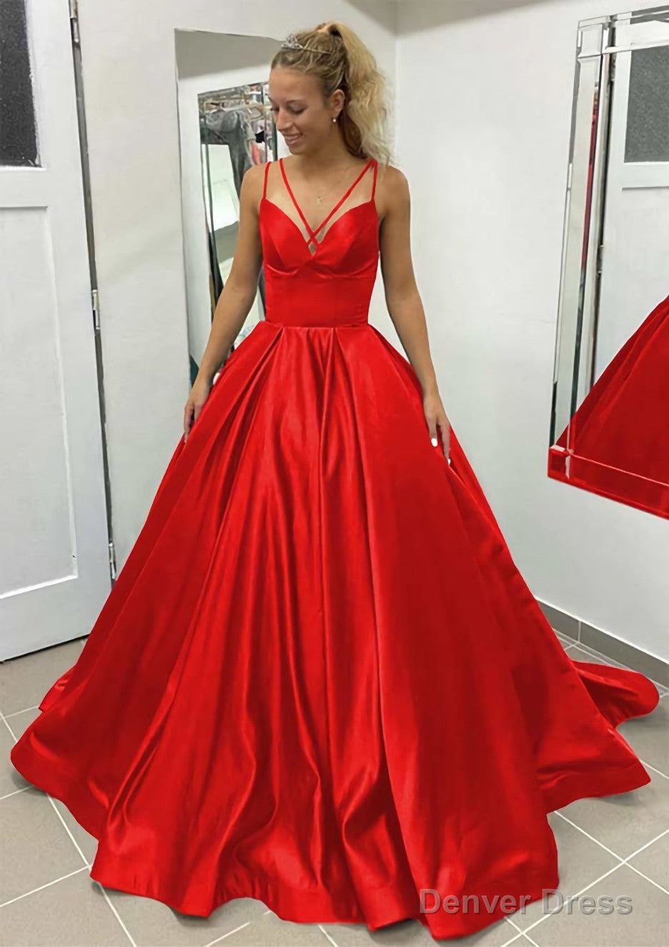 Ball Gowns Sleeveless Scalloped Neck Sweep Train Satin Prom Dresses With Pleated Pockets