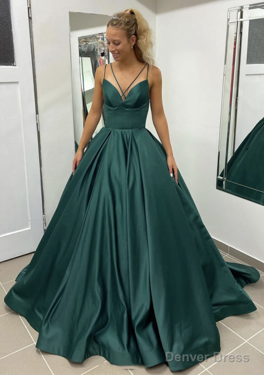 Ball Gowns Sleeveless Scalloped Neck Sweep Train Satin Prom Dresses With Pleated Pockets