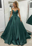 Ball Gowns Sleeveless Scalloped Neck Sweep Train Satin Prom Dresses With Pleated Pockets
