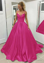 Ball Gowns Sleeveless Scalloped Neck Sweep Train Satin Prom Dresses With Pleated Pockets