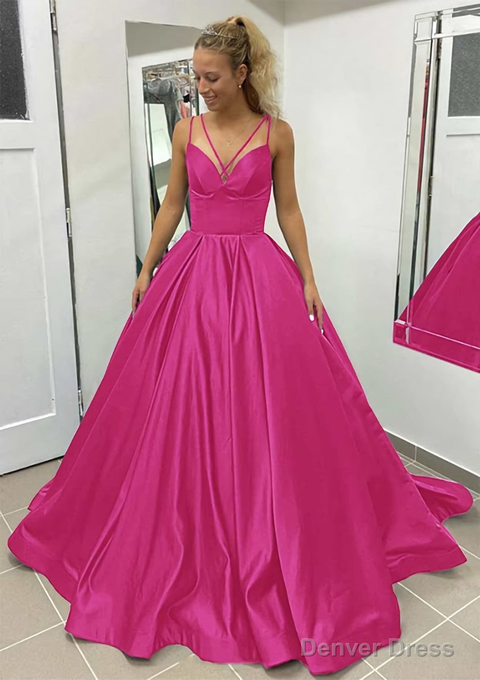 Ball Gowns Sleeveless Scalloped Neck Sweep Train Satin Prom Dresses With Pleated Pockets