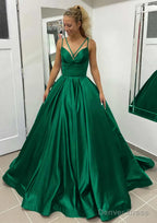 Ball Gowns Sleeveless Scalloped Neck Sweep Train Satin Prom Dresses With Pleated Pockets