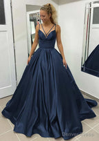 Ball Gowns Sleeveless Scalloped Neck Sweep Train Satin Prom Dresses With Pleated Pockets